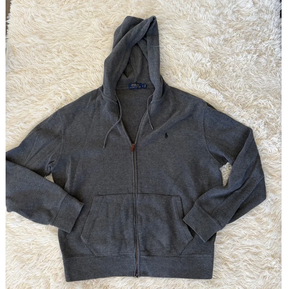 Vintage Polo Ralph Lauren Mens leather Full Zip Sweatshirt‎ Gray Size Large